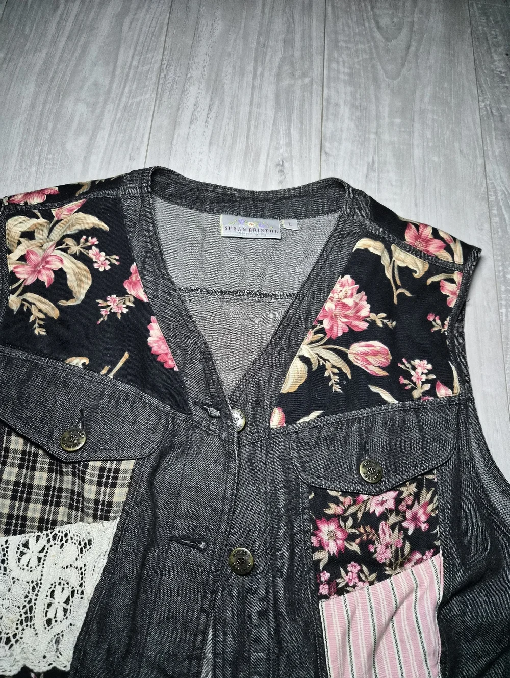 Patchwork Susan Bristol Vintage Vest top button up denim lace floral L Cottagec - Picture 4 of 8